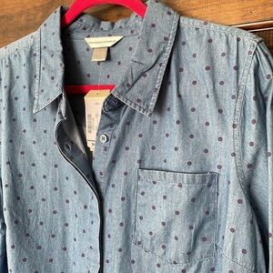 Christopher & Banks Purple Polka Dot & Chambray Button Down Collared Top Size M